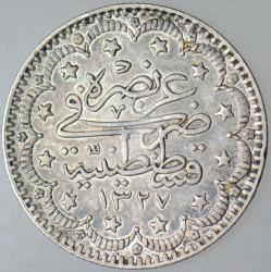 V. MEHMED REŞAD GÜMÜŞ 5 KURUŞ 1327/1 İSTANBUL DARBI.