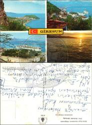 Giresun, Şehir ve Liman, Kartpostal, 1970’ler: Kale, liman, yolcu gemisi, sahil yerleşimi ve gün batımıyla oluşturulmuş dört kare kolaj.