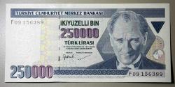7. Emisyon 250.000 Türk Lirası F09 156389 Çil Kondisyonda Koleksiyonluk Eski Para