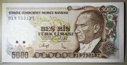 7. Emisyon 4. Tertip 5 Bin Türk Lirası H18 753137 Çil Kondisyonda Koleksiyonluk Eski Para