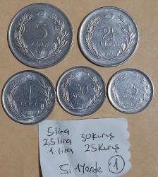 1965 - 1977 yılları Akmonital Paralar Tam Set  5 Lira - 2,5 lira - 1 Lira - 50 ve 25 Kuruş - 5i bir Yerde Lot 1 Para Koleksiyonu