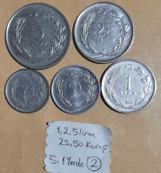 1965 - 1977 yılları Akmonital Paralar Tam Set  5 Lira - 2,5 lira - 1 Lira - 50 ve 25 Kuruş - 5i bir Yerde Lot 2 Para Koleksiyonu