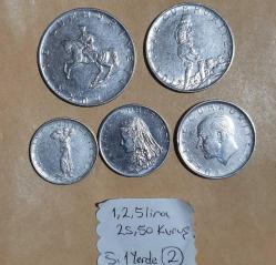 1965 - 1977 yılları Akmonital Paralar Tam Set  5 Lira - 2,5 lira - 1 Lira - 50 ve 25 Kuruş - 5i bir Yerde Lot 2 Para Koleksiyonu