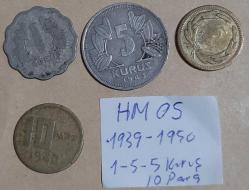 1939 - 1950  1 - 5 - 5  kuruş ve 10 Para  Set   HM-05 Madeni Para Koleksiyonu Türkiye Paraları