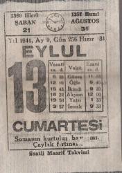 13 EYLÜL 1941 SAATLİ MAARİF TAKVİMİ YAPRAĞI