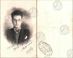 Stüdyo, Erkek Portresi, Foto Niyazi Arel, Kastamonu, Fotoğraf, 1936: Gözlüklü genç erkeğin takım elbise ve papyonla verdiği stüdyo pozu, alt kısmı el yazısı notlu