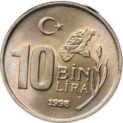 Türkiye Cumhuriyeti 1998 Yılı 10 Bin Lira Kenar Yazısı Turaya Göre Düz  (4114)