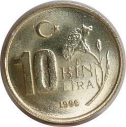 Türkiye Cumhuriyeti 1999 Yılı 10 Bin Lira Kenar Yazısı Turaya Göre Düz  (4118)