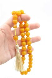 Hakkı Usta İmzalı Küre Kesim Dev Boy Hareli Sarı Sıkma Kehribar Tesbih