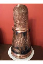 Fransız 51 cm boyunda porselen kulplu üzeri işlemeli bakır kömür kovası