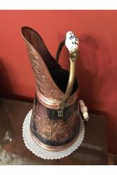 Fransız 51 cm boyunda porselen kulplu üzeri işlemeli bakır kömür kovası