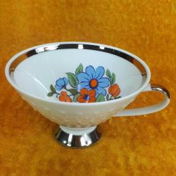 VINTAGE MITTERTEICH BAVARIA DIŞI GÜMÜŞ YALDIZLI , İÇİ ÇİÇEK RESİMLİ KONİK FORMLU PORSELEN FİNCAN , TABAK YOK