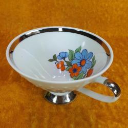 VINTAGE MITTERTEICH BAVARIA DIŞI GÜMÜŞ YALDIZLI , İÇİ ÇİÇEK RESİMLİ KONİK FORMLU PORSELEN FİNCAN , TABAK YOK