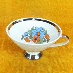 VINTAGE MITTERTEICH BAVARIA DIŞI GÜMÜŞ YALDIZLI , İÇİ ÇİÇEK RESİMLİ KONİK FORMLU PORSELEN FİNCAN , TABAK YOK