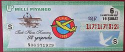 MİLLİ PİYANGO 19 ŞUBAT TÜRK HAVA KURUMU 92 YAŞINDA ÇEYREK BİLET (s) NOT KAT İZİ VAR