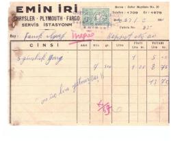İZMİR   FATURA 1955  EMİN İRİ - CHRYSLER PLYMOUTH FARGO SERVİSİ
