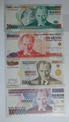 7. EMİSYON 1-5-10-20 MİLYON LİRA PARA SETİ ÇİL ALTI KONDİSYONDA ŞOK FİYAT !!!