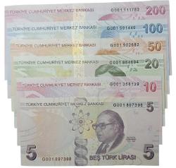 9.EMİSYON ''G001 SERİ''5-10-20-50-100-200 TÜRK LİRASI TAM TAKIM ÇİL-(01-90 GRUBU)