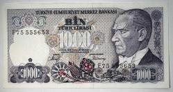 7.Emisyon 1.000 Türk Lirası F75 555653 Koleksiyonluk Eski Para Çil Kondisyonda