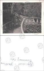 Yalova Termal Tesisleri Merdiveni, Fotoğraf, 1964: Kavisli korkuluklara sahip merdivenlerde duran iki kadının, ağaçlık alan içinde çekilmiş açık hava fotoğrafı.