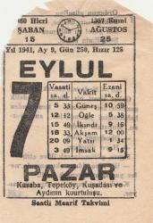 7  EYLÜL 1941 SAATLİ MAARİF TAKVİMİ YAPRAĞI