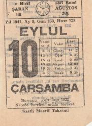 10  EYLÜL 1941 SAATLİ MAARİF TAKVİMİ YAPRAĞI