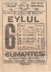 6  EYLÜL 1941 SAATLİ MAARİF TAKVİMİ YAPRAĞI