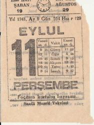 11  EYLÜL 1941 SAATLİ MAARİF TAKVİMİ YAPRAĞI