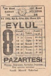 8  EYLÜL 1941 SAATLİ MAARİF TAKVİMİ YAPRAĞI