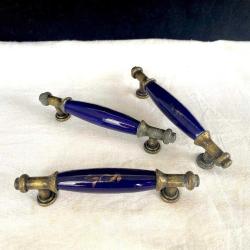 Nostaljik Pirinç Döküm Kobalt Mavisi Seramik Mobilya Kulbu Seti