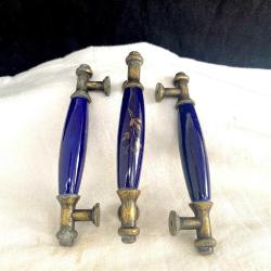 Nostaljik Pirinç Döküm Kobalt Mavisi Seramik Mobilya Kulbu Seti