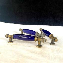 Nostaljik Pirinç Döküm Kobalt Mavisi Seramik Mobilya Kulbu Seti