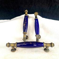 Nostaljik Pirinç Döküm Kobalt Mavisi Seramik Mobilya Kulbu Seti