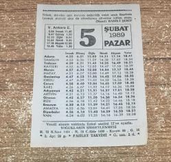 5 ŞUBAT 1989 PAZAR ( Fazilet Takvimi Yaprağı )