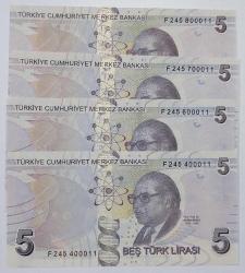 9 EMİSYON 5 LİRA SERİ F245 400011-600011-700011-800011 ÇİL