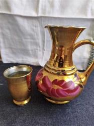 ANTİKA GELİN ŞERBET TAKIMI SÜRAHİSİ 16.5 CM. VE 8 CM BARDAK. CAM- EL BOYAMA