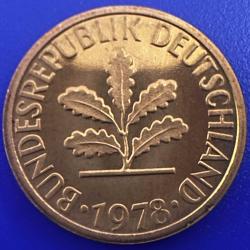 Proof (Spiegelglanz) Almanya 1 Pfennig 1978 F. Stuttgart Darphanesi. Mint State. Çıplak Elle Dokunulmamıştır.