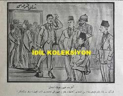 Osmanlıca Karagöz Mizah Dergisi-Gazetesi, Orijinal Dönem Basım, (Ottoman Magazine-Newspaper-Journal Illustré Cara-Gueuz) - 28 Kasım 1923 - Sayı: 1638 - Hicri: 19 Rebiülahir 1342 - Rumi: 28 Teşrin-i Sani 1339 - Rauf Orbay, Tanin Gazetesi Başyazarı Hüseyin Cahit Yalçın, Vatan Gazetesi Başyazarı Ahmet Emin Yalman ve Tevhid-i Efkar Gazetesi Başyazarı Velid Ebüzziya'yı Tasvir Eden Karikatür: Ankara'da Cumhuriyetçilik İmtihanı 