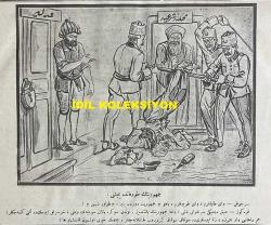 Osmanlıca Karagöz Mizah Dergisi-Gazetesi, Orijinal Dönem Basım, (Ottoman Magazine-Newspaper-Journal Illustré Cara-Gueuz) - 28 Kasım 1923 - Sayı: 1638 - Hicri: 19 Rebiülahir 1342 - Rumi: 28 Teşrin-i Sani 1339 - Rauf Orbay, Tanin Gazetesi Başyazarı Hüseyin Cahit Yalçın, Vatan Gazetesi Başyazarı Ahmet Emin Yalman ve Tevhid-i Efkar Gazetesi Başyazarı Velid Ebüzziya'yı Tasvir Eden Karikatür: Ankara'da Cumhuriyetçilik İmtihanı 
