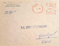 T.C. ESKİŞEHİR MAKİNE DAMGALI ZİRAAT BANKASI ANTEDLİ ZARF. LEFKOŞA VE GÜZELYURT VARIŞ DAMGALI.