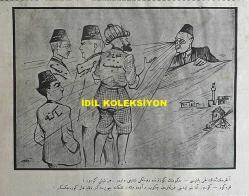 Osmanlıca Karagöz Mizah Dergisi-Gazetesi, Orijinal Dönem Basım, (Ottoman Magazine-Newspaper-Journal Illustré Cara-Gueuz) - 17 Kasım 1923 - Sayı: 1635 - Hicri: 7 Rebiülahir 1342 - Rumi: 17 Teşrin-i Sani 1339 - Karikatürist Ratip Tahir Burak'ın Çalışması: Ankara'nın Şakşatçıbaşısı: Hükümetin Gözlerinde Röntgen Işığı Vardır. Her Şeyi Görür! Karagöz: Görür Amma Şu Işığı Gazetelerden Çekip Biraz da Millete, Memlekete Çevirseniz Bakalım Neler Göreceksiniz?