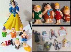Kullanılmamış depo ürünleri nostalji koleksiyon vintage retro hobi minyatür diorama reklam promosyon dekor hediye tasarım figür oyuncak set. Pamuk prenses ve yedi cüceler taş devri Fred Barni Wilma çakıl Kinder boy mini Aslan Max ve arkadaşları