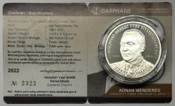 2022 Adnan Menderes Cumhuriyet Dönemi Türk Siyasetçileri No:2 925 Ayar Gümüş Hatıra Parası Sertifikalı