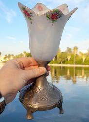 Antika art nouveau opalin mat cam ve metal mumluk