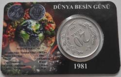 1981 Yılı 20 Lira FAO 16 Ekim Dünya Besin Günü