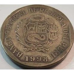 Peru 10 Centimos 1998 - Peru Armalı ve Antik Geometrik Desenli Koleksiyon Parası.