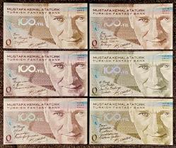 Fantezi, 0 Euro / Cumhuriyet'in 100. Yılı Mustafa Kemal ATATÜRK ve 19 Mayıs 1919 Temalı Fantezi Hatıra Seti (Özel Koleksiyonluk Baskı.) Ön Yüzde: ATATÜRK Portresi ve 19 Mayıs 1919 İle İlgili Sözleri. Arka Yüzde:  ATATÜRK ve 19 Mayıs 1919 Temalı Çeşitli Fotoğraflar Yer Almaktadır. Kaliteli Kuşe Kağıda 4 Renk Özel Ofset Baskı. + Kabartma Detay Yazı, Hologramlı Yaldız Baskı ve Selefon Uygulaması. (6 Adet/13,5x7,4 cm) MKA'lı Özel Numara. Turkish Fantasy Bank. (ÇİL)