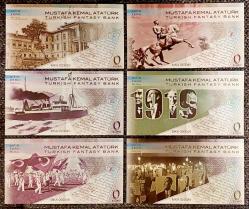 Fantezi, 0 Euro / Cumhuriyet'in 100. Yılı Mustafa Kemal ATATÜRK ve 19 Mayıs 1919 Temalı Fantezi Hatıra Seti (Özel Koleksiyonluk Baskı.) Ön Yüzde: ATATÜRK Portresi ve 19 Mayıs 1919 İle İlgili Sözleri. Arka Yüzde:  ATATÜRK ve 19 Mayıs 1919 Temalı Çeşitli Fotoğraflar Yer Almaktadır. Kaliteli Kuşe Kağıda 4 Renk Özel Ofset Baskı. + Kabartma Detay Yazı, Hologramlı Yaldız Baskı ve Selefon Uygulaması. (6 Adet/13,5x7,4 cm) MKA'lı Özel Numara. Turkish Fantasy Bank. (ÇİL)