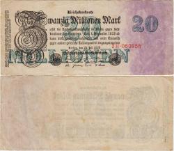 ALMANYA 20 MİLYON MARK 1923 WEİMAR CUMHURİYETİ DÖNEMİ. ÇOK TEMİZ.
