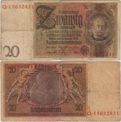 ALMANYA 20 MARK 1929 NAZİ-HİTLER DÖNEMİ. 1931-48 ARASI KULLANILMIŞTIR. TEMİZ.